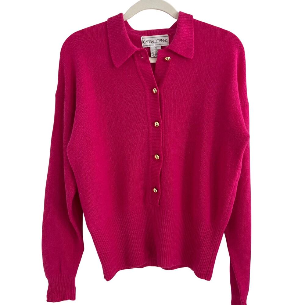 Vintage Casual Corner Pink Lambswool Sweater Collared Gold Buttons Size S